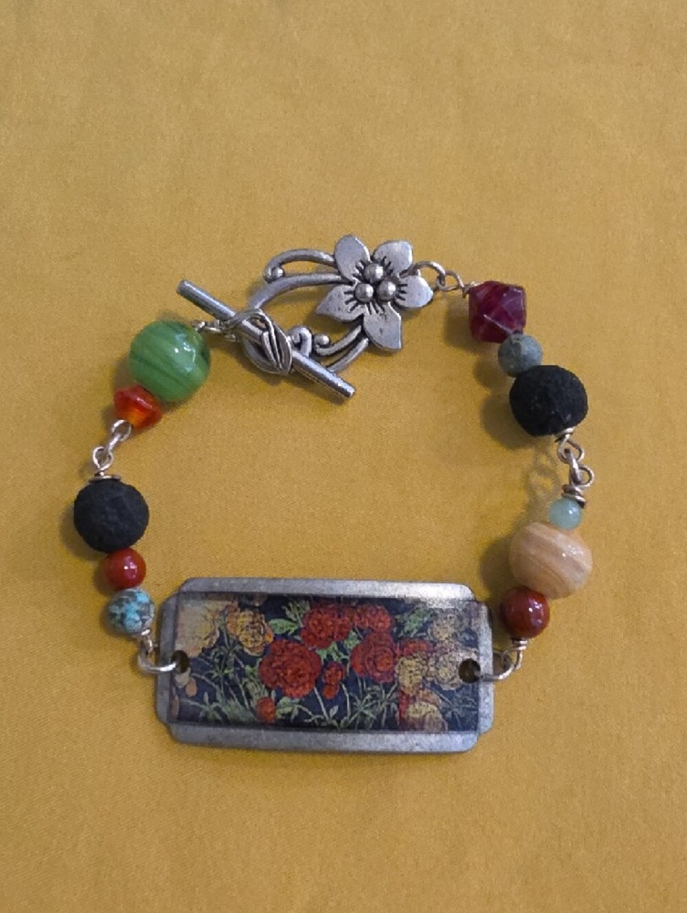 Bohemian Charm Bracelet With Colorful Mixed Beads & Silver Toned Toggle Clasp